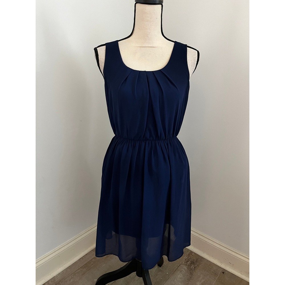 Navy Blue Pleated Chiffon Dress XS Preppy Minimalist Office Chic Party Timeless